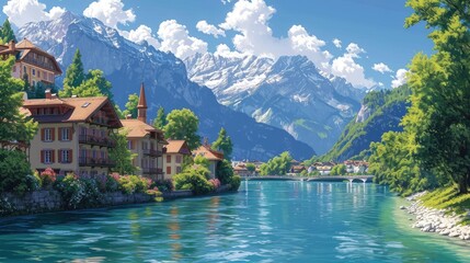 Fototapeta premium Beautiful View Aare River Through Interlaken, Background Banner HD