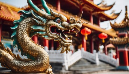 Year of the dragon. Colorful dragon statue is prominently featured in a temple setting.