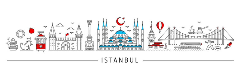 Obraz premium Istanbul silhouette. Turkish travel landmarks. Kiz Kulesi tower, Topkapi palace museum and Sultan Ahmet mosque buildings, Bosphorus bridge on Turkey travel or journey thin line vector background