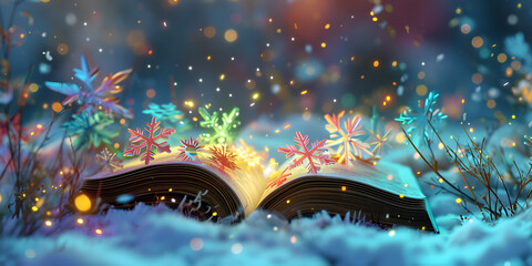 Winter magic book. The open book lay in the snow, the neon snowflakes lay on the book. Winter book...