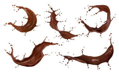 Realistic chocolate milk drink splash with splatters. Beverage swirl flow, wave and drops 3d set of vector cocoa, hot chocolate, melted choco candy, sauce and milk shake, sweet dessert food and drink