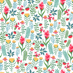 Seamless Pattern of Tropical Flowers and Leaves.  Vector illustration. 