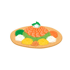 Isolated Yu Sheng, prosperity fish raw salad side view. Isolated close up Yu Sheng vector illustration.New year plate with chopsticks, Chinese New Year, salmon dish. Authentic anime style food.
