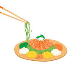 Isolated Yu Sheng, chopsticks mixing prosperity fish raw salad . Isolated close up Yu Sheng vector illustration.New year plate with chopsticks, Chinese New Year, salmon dish. 