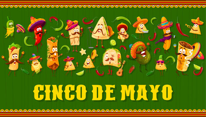 Cinco de Mayo Mexican holiday banner with Tex Mex food characters, vector cartoon background. Cinco de Mayo fiesta celebration with funny burrito in sombrero, tacos with guitar and mariachi nachos