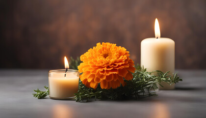 Beautiful marigold and burning candle on dark background with space for text. Funeral flower