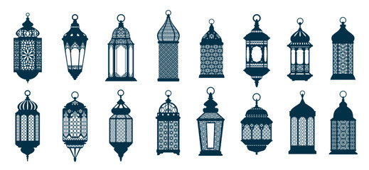 Eid mubarak arab islamic fanous lantern or ramadan lamp silhouettes. Isolated vector ornate lamps, symbol of holiday joy and celebration. They illuminate homes and streets, adding a festive ambiance
