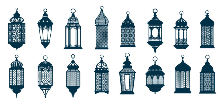 Eid mubarak arab islamic fanous lantern or ramadan lamp silhouettes. Isolated vector ornate lamps, symbol of holiday joy and celebration. They illuminate homes and streets, adding a festive ambiance