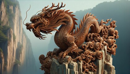 Obraz premium Chinese Wood Dragon carving on tower of mountain pinnacle with background of foggy misty Asian landscape.