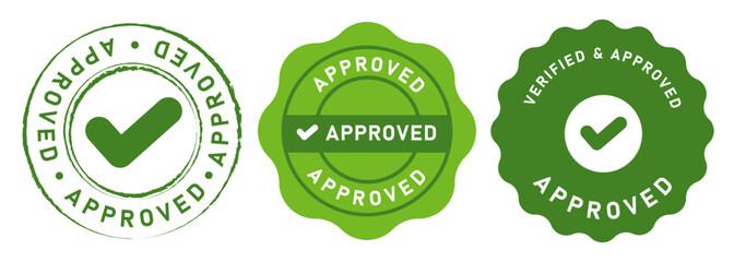 Approved stamp seal emblem logo badge graphic circle set approval check mark green color - obrazy, fototapety, plakaty