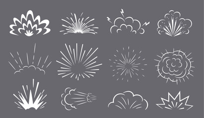 Bomb explosion smoke and rays of boom blast clouds, vector comic cartoon effect. Bomb explode or fire bang of firework, energy explosives and TNT dynamite explosion with boom flash burst rays