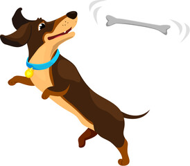 Cartoon dachshund dog puppy character, with ears perked and tail wagging, skillfully catches a bone mid-air. Vector funny pet showcasing a playful and adorable moment of canine agility and delight