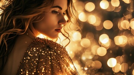 A stunning woman looks over her shoulder, her wavy hair cascading down her back as she wears a glittering gold evening gown. The golden sparkles catch the light, adding a touch of magic to