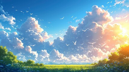 Obraz premium Blue Sky White Clouds Flying Birds, Background Banner HD
