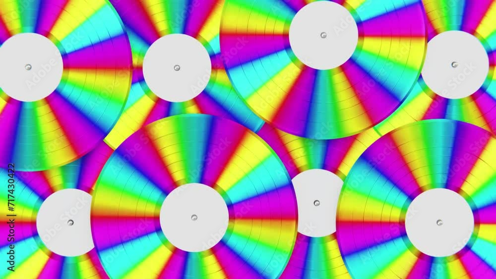 Poster realistic seamless looping 3d animation of the colorful rainbow spinning vinyl records with blank wh
