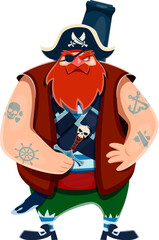 Cartoon pirate captain character with sword and cannon, piracy vector personage. Funny corsair, marine robber or buccaneer with pirate captain tricorn hat, black eye patch, tattoos and weapons
