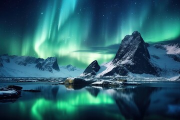 Beautiful mountain views with wavy green aurora skies. generative ai