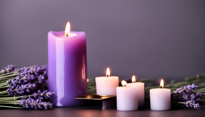 Obraz na płótnie Canvas lavender and burning candle on dark background