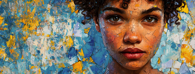Abstract textured portrait of an African American woman surrounded by vibrant colors in a painting - obrazy, fototapety, plakaty
