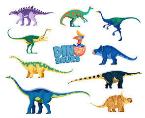 Cartoon dinosaurs isolated characters. Struthiosaurus, Jaxartosaurus, Garudimimus and Elmisaurus, Opisthocoelicaudia, Magyarosaurus, Quaesitosaurus, Pachyrhinosaurus dinosaur reptile cute personages