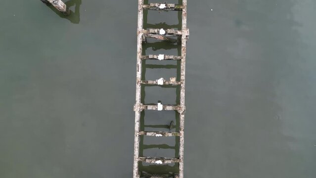 Aerial view looking down on an abandoned bridge at sea.