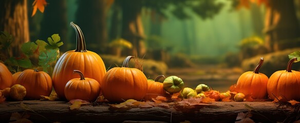Rows of pumpkins of various sizes in the photo with a forest background with a blur effect. generative ai - obrazy, fototapety, plakaty