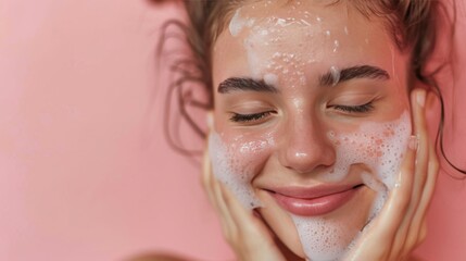Smiling young woman washing foam face by natural foamy gel. Satisfied girl with bare shoulders applying cleansing beauty product on cheeks and closes her eyes. Personal hygiene, skincare daily routine - obrazy, fototapety, plakaty