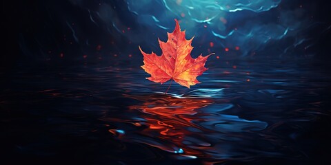 Fototapeta na wymiar An orange maple leaf falls on clear water. generative ai