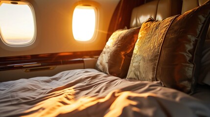 Soak up the beauty of the sunrise from the comfort of your private jet, surrounded by plush linens and textiles fit for royalty. - obrazy, fototapety, plakaty