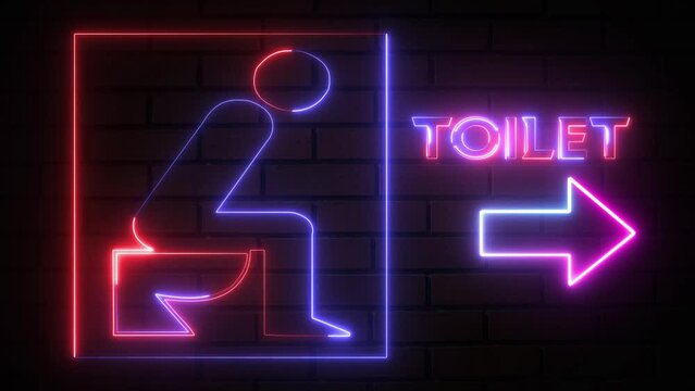 Toilet arrow pointer, silhouette of a man and a woman. Arrow direction toilet signs in neon lights animation. Glowing WC toilet neon sign with man icon on bricks wall background. In and out sign