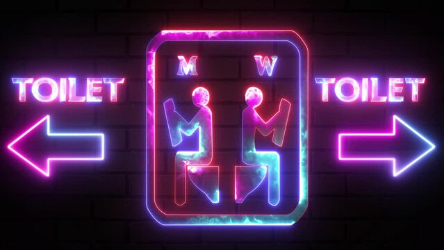 Sitting and read paper in toilet neon sign on bricks wall background. In and out sign. Restroom male and female arrow pointer, silhouette of a man and a woman