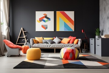 A modern living room with a black wall, colorful geometric art, and a gray sofa with colorful pillows. The room has a wooden floor and a geometric rug.