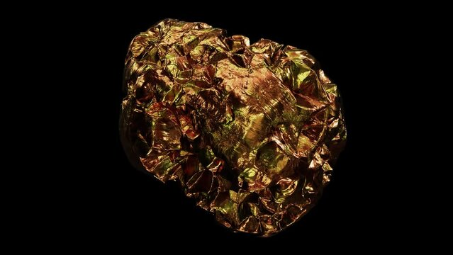 Realistic looping 3D animation of the spinning shining precious gold nugget demonstration rendered in UHD with alpha matte