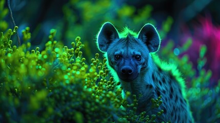 A neon hyena with a mischievous grin its bright green fur standing out against the neon bushes.