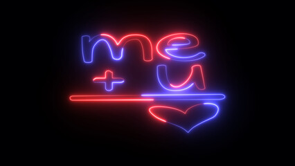 Neon text me plus you equal love heart. Bright heart. Neon sign. Retro neon heart sign on purple background