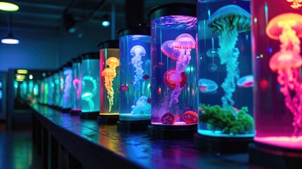 A row of jellyfish tanks each one lit up in a different neon color creating a rainbow effect.