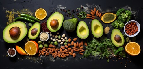 Fresh avocado with some seeds and fresh fruit beside it