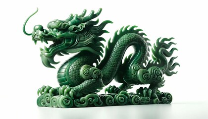 Fototapeta na wymiar Carved green jade Chinese Asian dragon statue isolated display on white background.