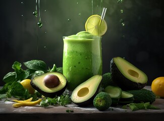 Green colored juice with sliced ​​avocado garnished next to it in photo on wooden table. generative ai.