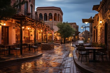 Plaza surrounded by historic buildings housing quaint restaurants under the evening sky, Generative...