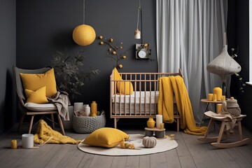 A modern and stylish nursery room with a black wall and a wooden crib. The room is decorated with yellow accents and a variety of plants