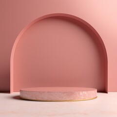 ピンクのカーブがある背景と丸い展示台がある抽象的な正方形バナー