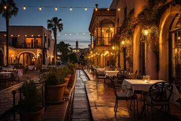 Plaza surrounded by historic buildings housing quaint restaurants under the evening sky, Generative...