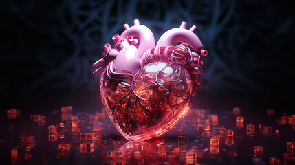 Iron heart, AI heart, robot heart in pink theme, biomechanical heart, in love