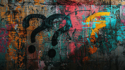 Walls covered in question mark graffiti.