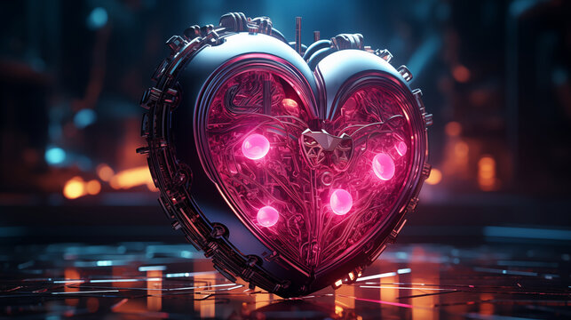 Iron heart, AI heart, robot heart in pink theme, biomechanical heart, love symbol, high tech Valentine