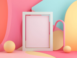3d empty mockup frame set against an abstract background. A vibrant composition featuring an empty frame surrounded by colorful geometric shapes in a playful arrangement.
