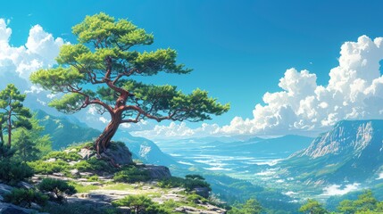 Obraz premium Conifer Tree On Blue Sky Background, Background Banner HD