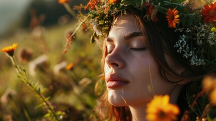 A portrait of a woman with a flower crown made of vibrant orange and yellow wildflowers, her eyes closed as if basking in the warmth of the spring sun.