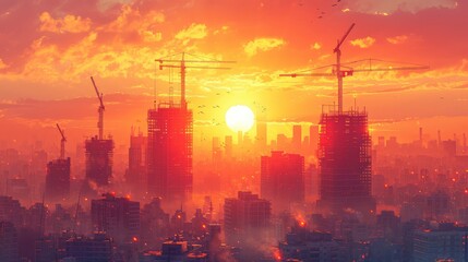 Fototapeta premium Construction Skyscrapers Cranes Afternoon, Background Banner HD